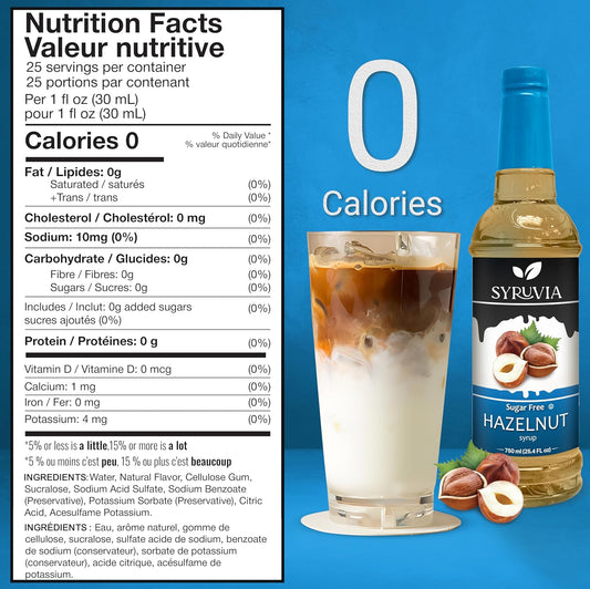 Syruvia Sugar Free Coffee Syrup, Hazelnut Flavored Syrup for Drinks, Lattes, and Desserts – 25.4 fl oz