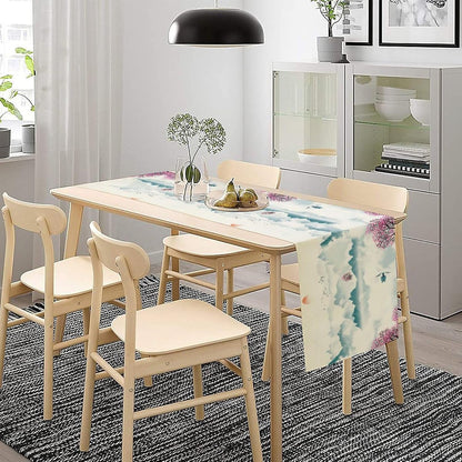 Asian Landscape Table Runner, Cherry Tree Chinoiserie Vintage Ink Wash Pink Blue Setting Sun Table Runner for Kitchen Home Party Dining Table Decor 13x120 Inch