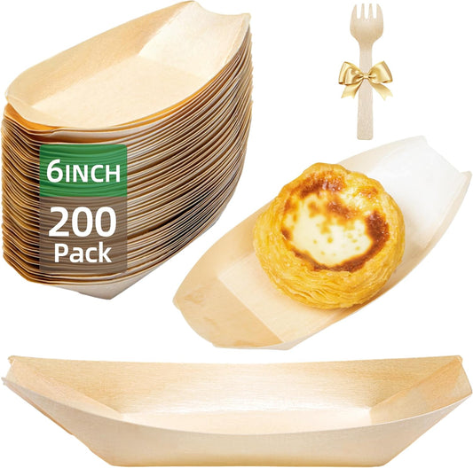 200-Pack Wooden Disposable Plates 6 IN Boat Plates Food Trays Disposable Dessert Plates Disposable Food Boats for Party Weddings Picnic (Actual Size Used: 3.39" D x 1.97" W x 0.63" H)