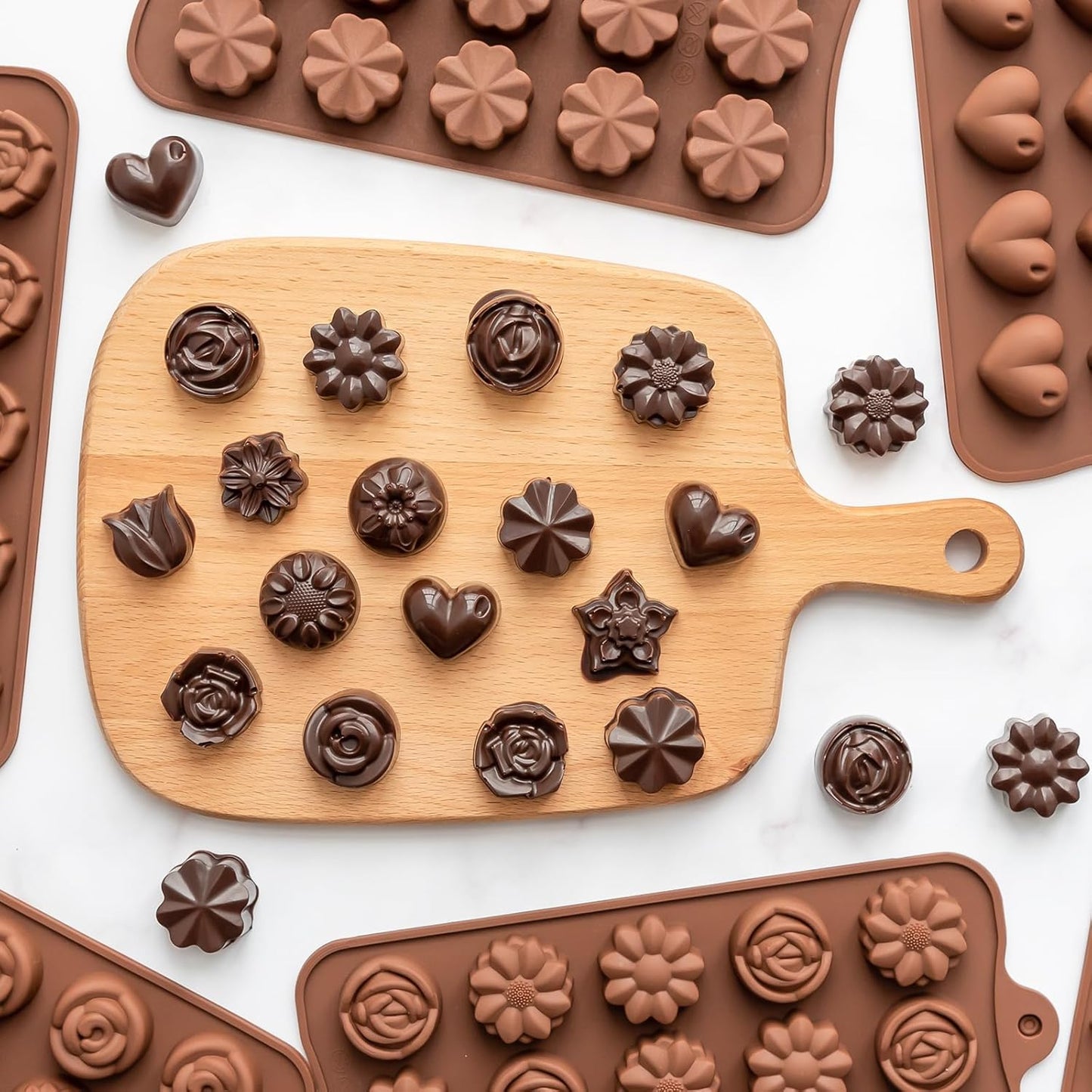 6 Pack Flower Shape Chocolate Candy Molds Silicone, Food-Grade Non-Stick Jello & Baking Molds, Crayon Molds, BPA-Free, Including Heart, Rose, Tulip, Daisy, Sunflower, and Other Flowers (Brown)