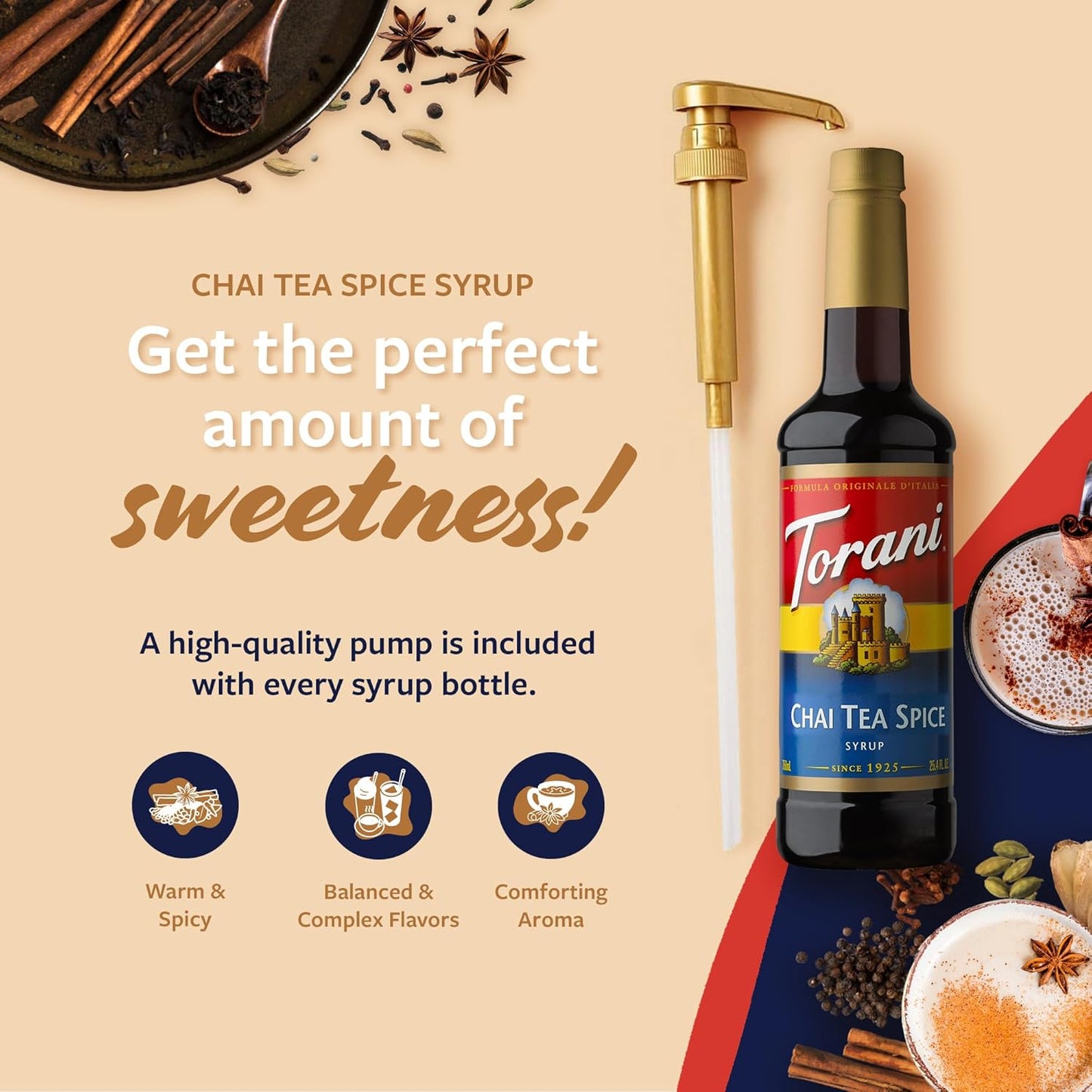 Torani Coffee Syrup, Chai Tea Spice Flavored Syrup for Drinks, Pump Included, 25.4 Fl Oz