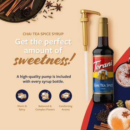 Torani Coffee Syrup, Chai Tea Spice Flavored Syrup for Drinks, Pump Included, 25.4 Fl Oz