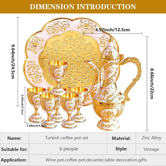 Vintage Turkish Coffee Pot and Cups Set,Tea Service Set Including Teapot,Tea Tray and Metal Cups for Wine Cabinet Decor,Wedding Ornaments (Gold and White)