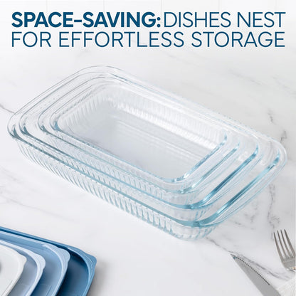 COOK WITH COLOR 8-Piece Deep Glass Baking Dish Set with Plastic Lids – Casserole and Food Storage Containers for Lasagna, Leftovers – Freezer-to-Oven, Microwave & Dishwasher Safe, Fluted Blue