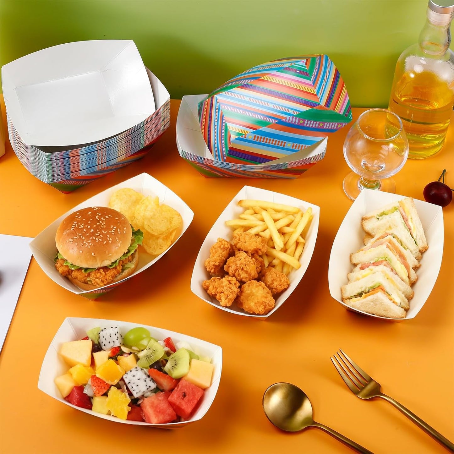 100 Pcs Mexican Paper Food Trays, Mexican Taco Nights Food Trays, Disposable Paper Snack Boats, Foods Serving Boats for Birthday, Carnival Party, Halloween Themed Party