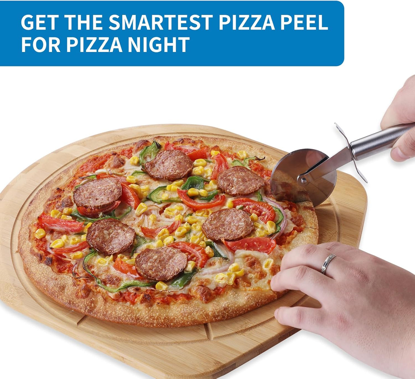 18” Bamboo Pizza Peel - Lightweight Smooth Wooden Pizza Paddle and Pizza Cutting Board with 8 Slice Grooves, Outdoor Pizza Oven Accessories, 25.6 Inch x 18 Inch