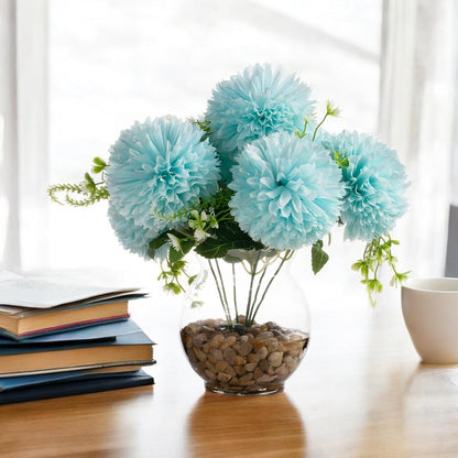 ENOVA FLORAL 7 Heads Silk Marigold Artificial Flowers in Vase,Faux Marigold Flowers Arrangement in Round Bowl Vase with Faux Water and River Rock for Table Decor Centerpieces (Marigold-Aqua)