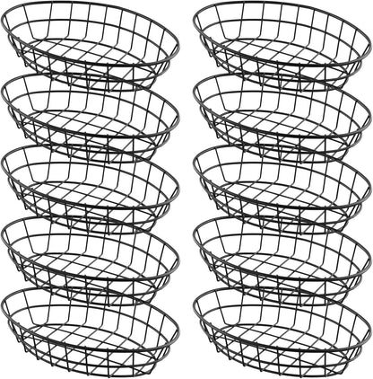 10 PCS Black Wire Bread Basket Oval Metal Dinner Roll Baskets for Fast Food Restaurant, Kitchen, 9.5 x 7.5 x 2.2 Inch