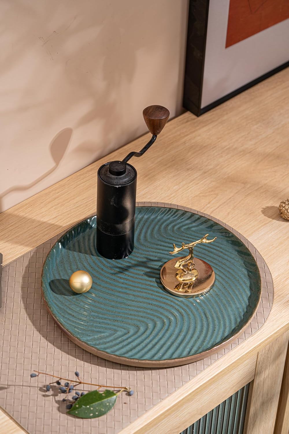 Vanity Tray with Brown Trim - Candle & Perfume Holder Organizer - Round, Green, 11"11" - Home Decor for Dresser, Table, Bathroom Countertop