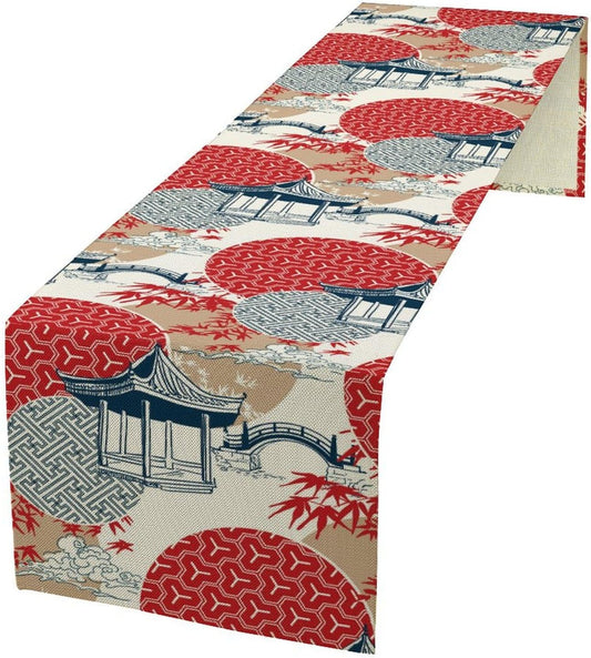 Asian Style Landscape Dinning Table Runner, Oriental Line Geometry Wave Traditional Elements Red White Table Runner for Kitchen Home Party Dinner Set, 13x90 Inch