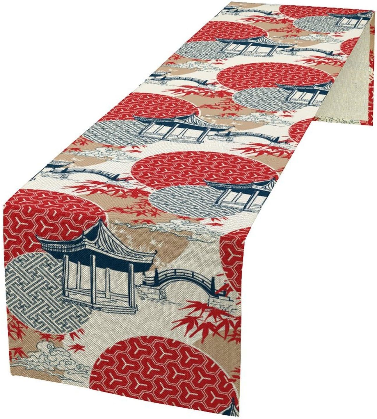Asian Style Landscape Dinning Table Runner, Oriental Line Geometry Wave Traditional Elements Red White Table Runner for Kitchen Home Party Dinner Set, 13x108 Inch
