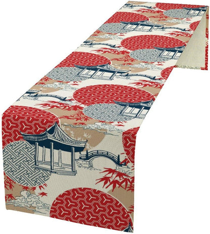 Asian Style Landscape Dinning Table Runner, Oriental Line Geometry Wave Traditional Elements Red White Table Runner for Kitchen Home Party Dinner Set, 13x108 Inch