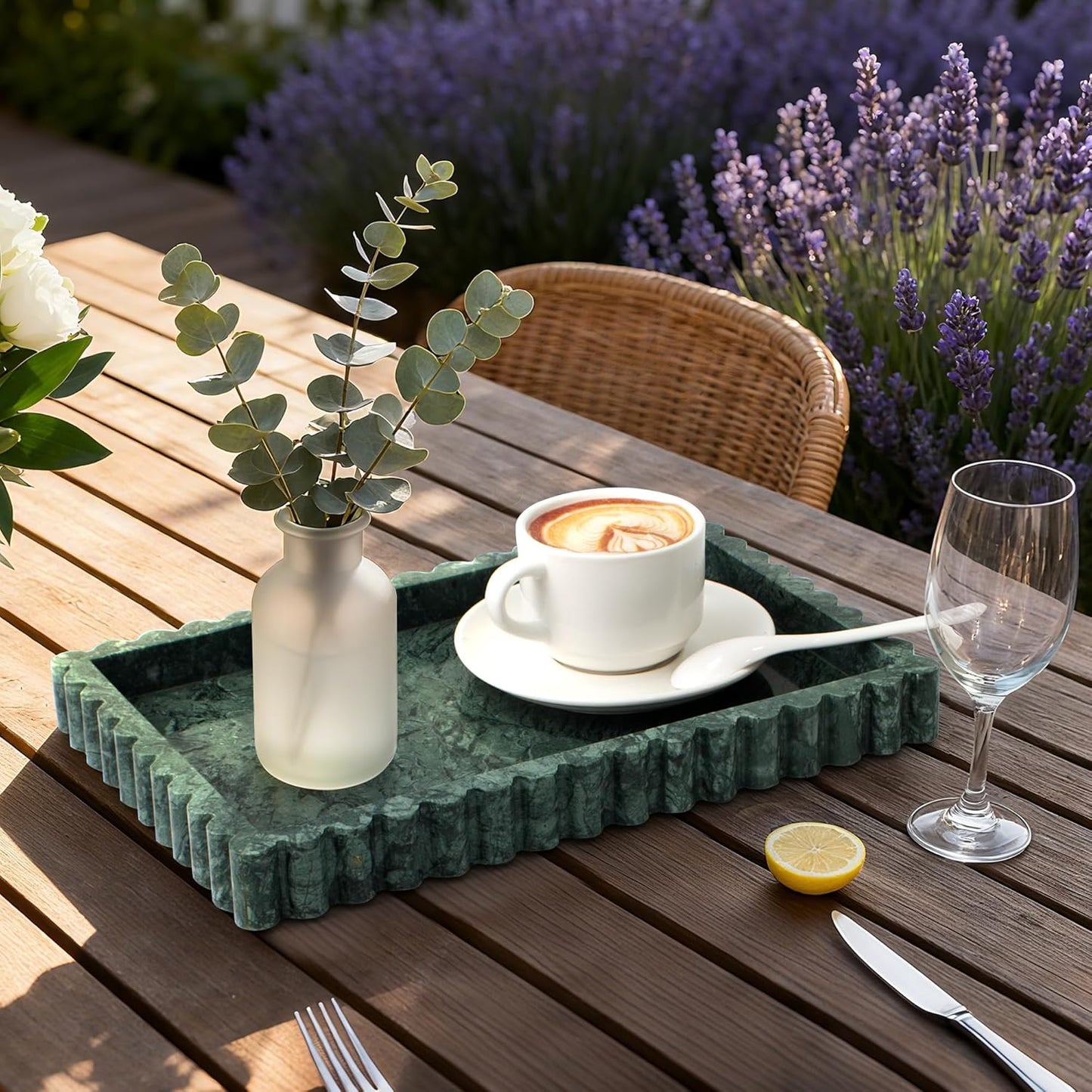 Natural Marble Tray for Bathroom, Real Stone Decorative Vanity Tray with Fluted Edge, Large Marble Serving Storage Tray for Kitchen Counter, Dresser, Home Decor, 11.8" x 8", Dark Indian Green