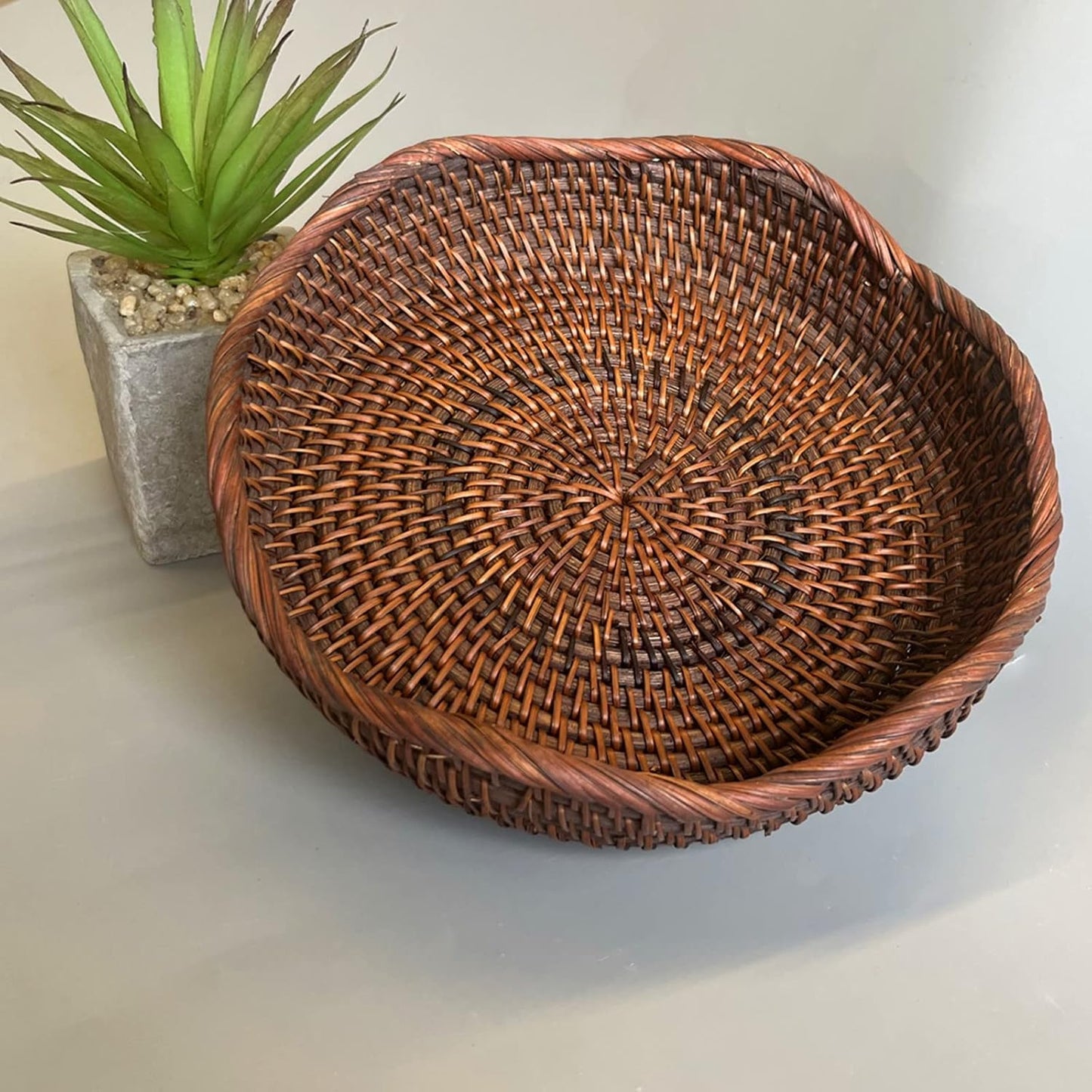 Handmade Rattan Round Fruit Basket Food Storage Bowls Kitchen Organizer Snack Serving Bowl 9 Inch Wavy Edge Circle Tray Basket with 2” Deep Wall, Dark Brown Décor Display Tray Bowl, S