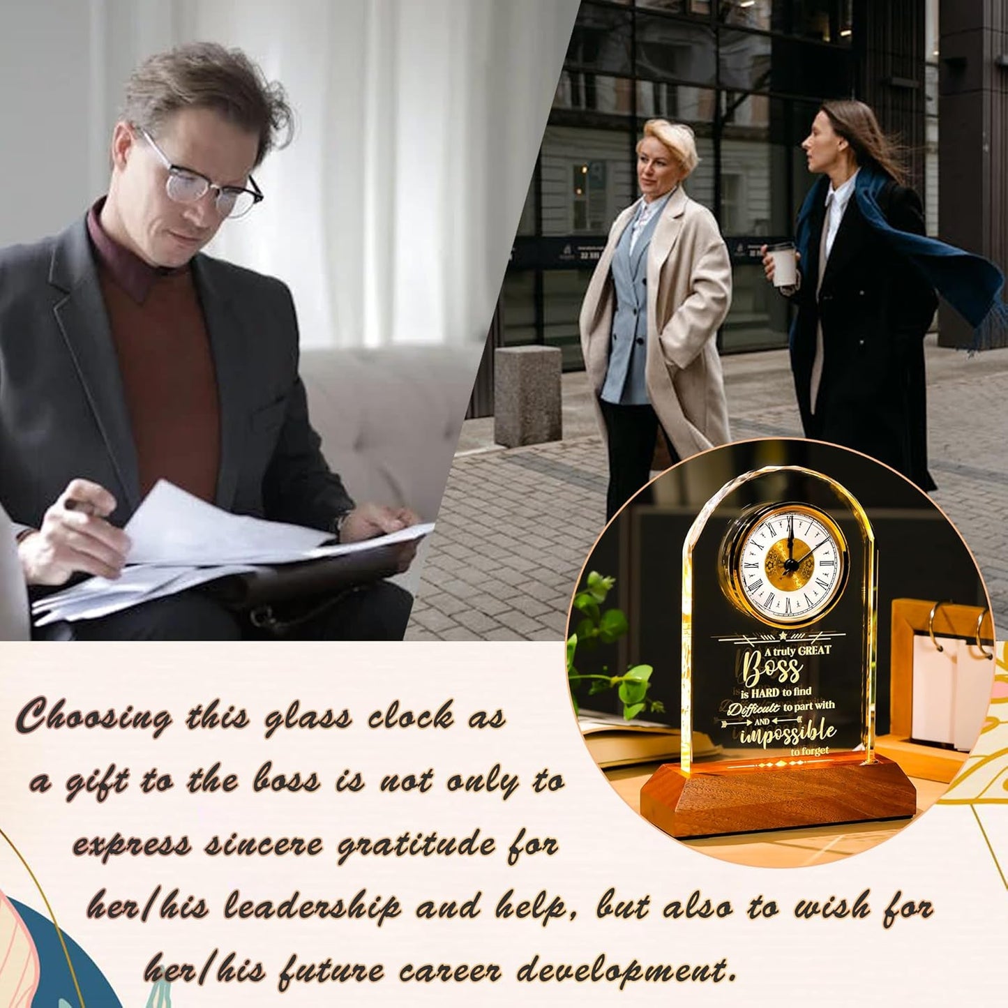 Ornalrist Boss Crystal Clock Gifts for Women, Men with Wooden LED Light Base, Boss Appreciation Gift Idea for Leader's Day, Desk Office Home Decor