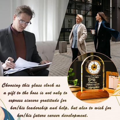 Ornalrist Boss Crystal Clock Gifts for Women, Men with Wooden LED Light Base, Boss Appreciation Gift Idea for Leader's Day, Desk Office Home Decor