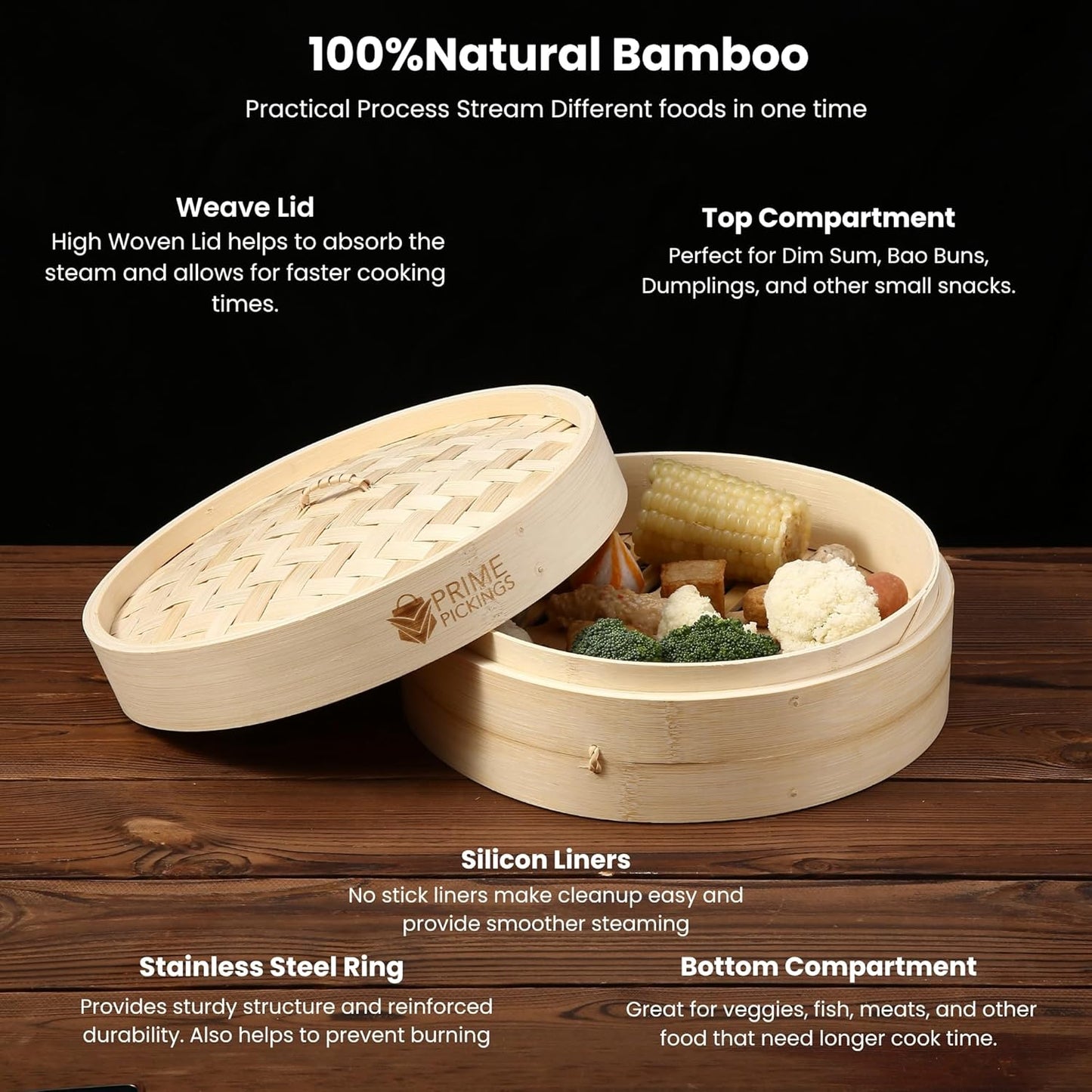 Bamboo Steamer Basket | 2-Tier Handmade Basket Dumpling Steamer Basket-Traditional Design bamboo steamer for Cooking Dumpling Bao Bun, Rice Potsticker Steaming Chinese Asian Food & Vegetables
