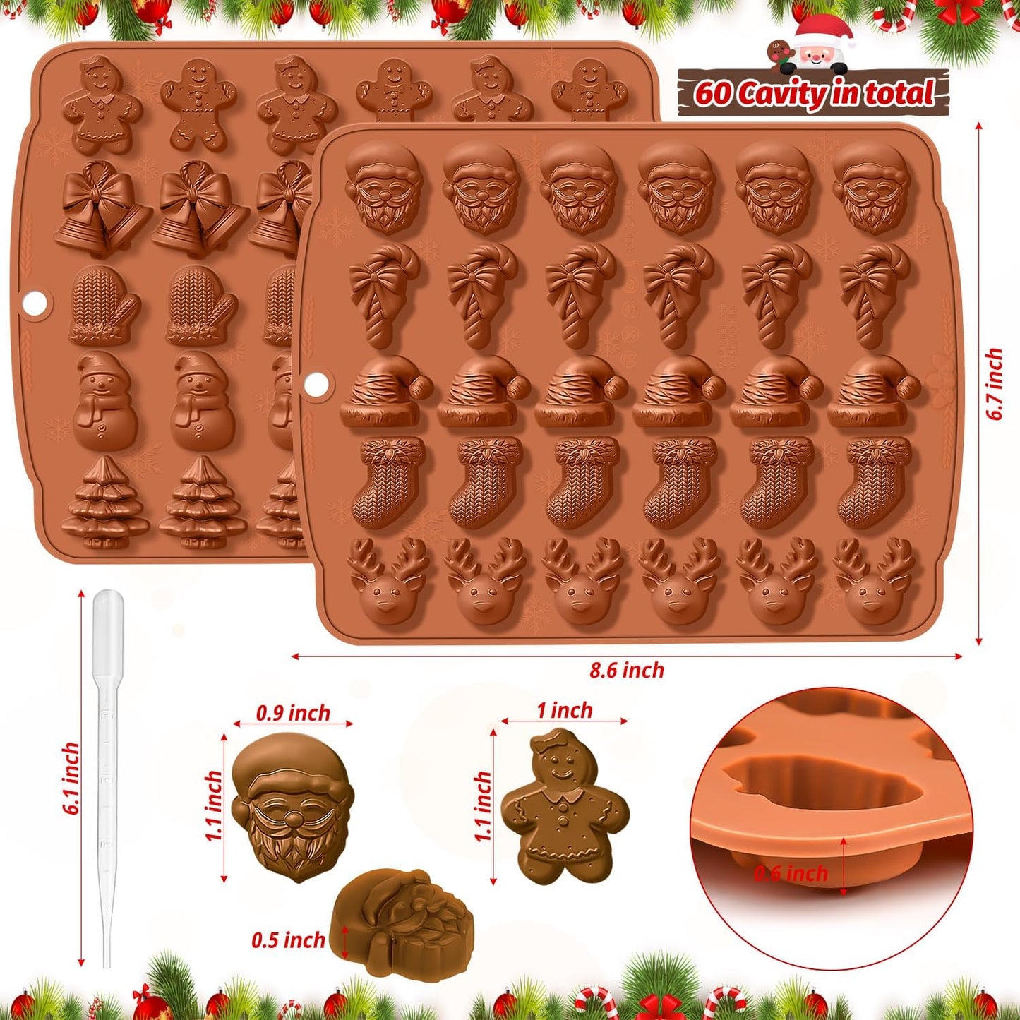 Christmas Silicone Chocolate Molds, 2 Pcs Reuseable Silicone Chocolate Molds, Bakeable Christmas Mould with Santa Christmas Tree Elk Patterns for DIY Chocolate, Candy, Jello, Wax (4 Droppers)