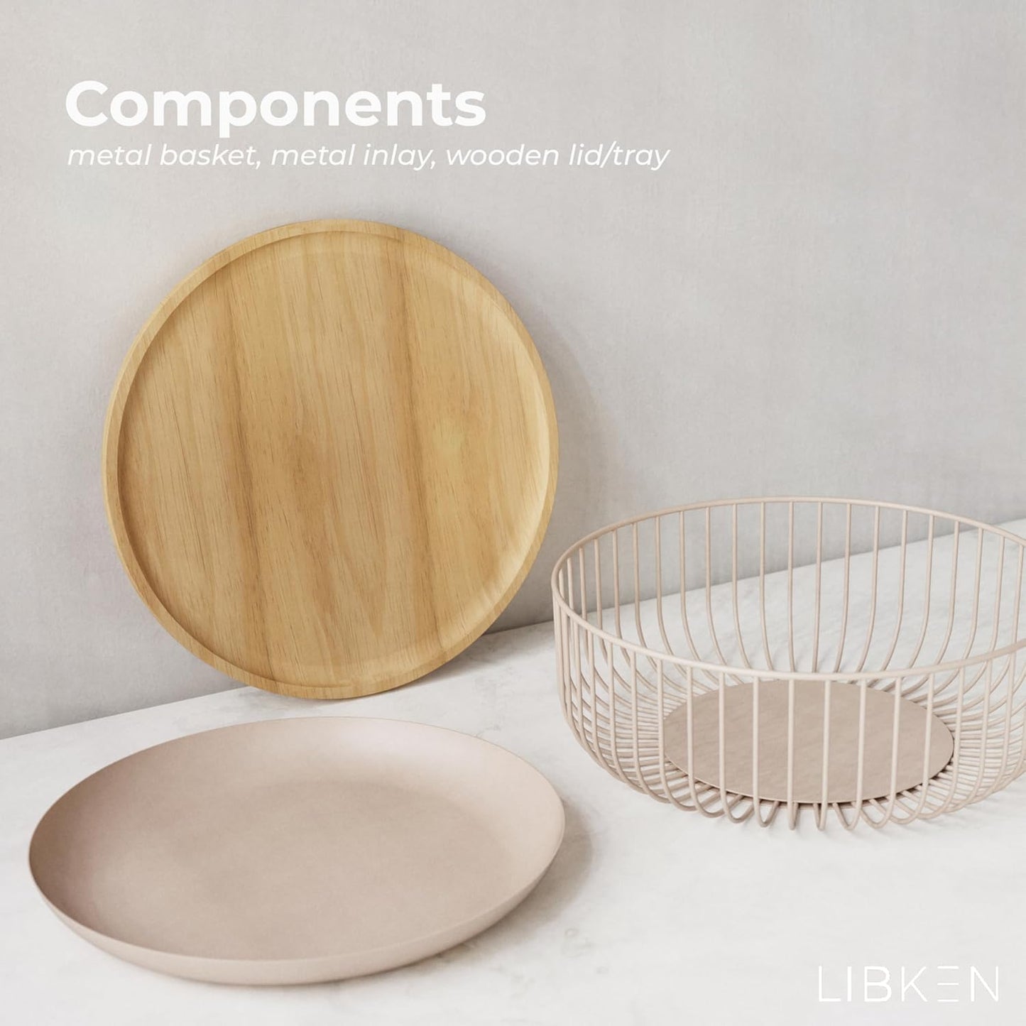 Fruit Basket for Kitchen - Multi-Purpose Stackable Basket with Wooden Lid - Powder Coated Metal and Rubber Wood - Wire Baskets for Organizing - Minimal Design - 11.4''x11.4''x4.5'' - Peach