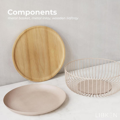 Fruit Basket for Kitchen - Multi-Purpose Stackable Basket with Wooden Lid - Powder Coated Metal and Rubber Wood - Wire Baskets for Organizing - Minimal Design - 11.4''x11.4''x4.5'' - Peach