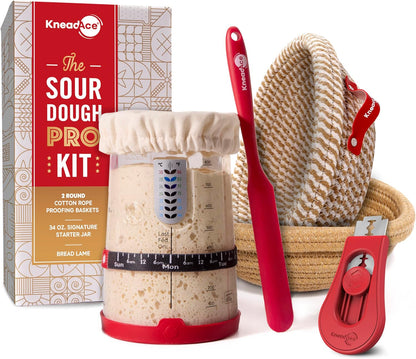KneadAce Sourdough Starter Kit – 34oz Starter Jar, 2 Round Banneton Proofing Baskets, Magnetic Bread Lame for Scoring – Gift for Bakers & Complete Sourdough Bread Baking Set