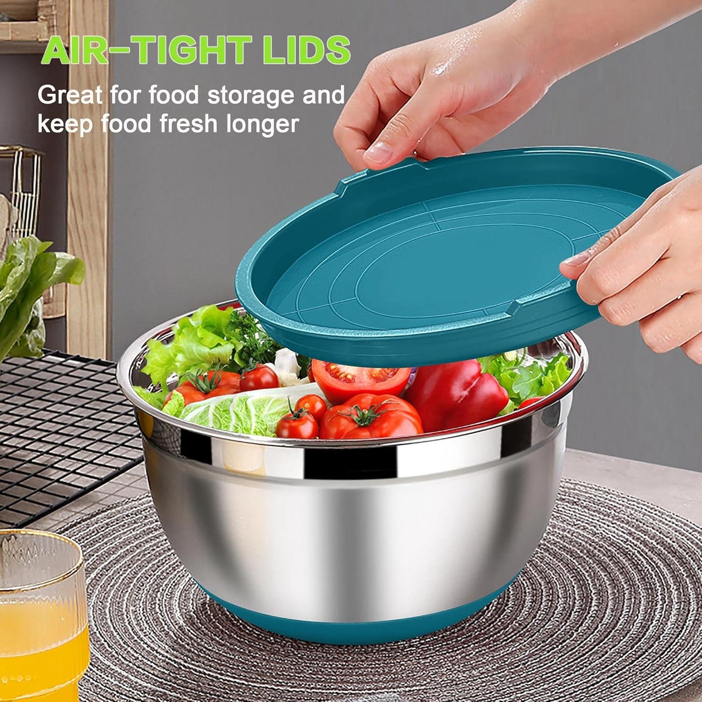 LIANYU Stainless Steel Nesting Mixing Bowls Set of 6, Size 7, 3.5, 2.5, 2, 1.5, 1QT, Large Metal Bowls for Cooking, Baking, Food Storage, Non-slip Bottom & Airtight Lids, Dark Blue