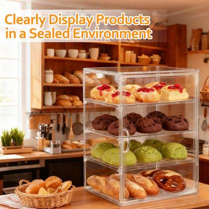 Pastry Display Case, Acrylic Bakery Display Case 3-Tier Pastry Display Cabinet with Removable Shelves and Front Door, Clear Bread Display Box for Bakery, Coffee Shop, Buffet
