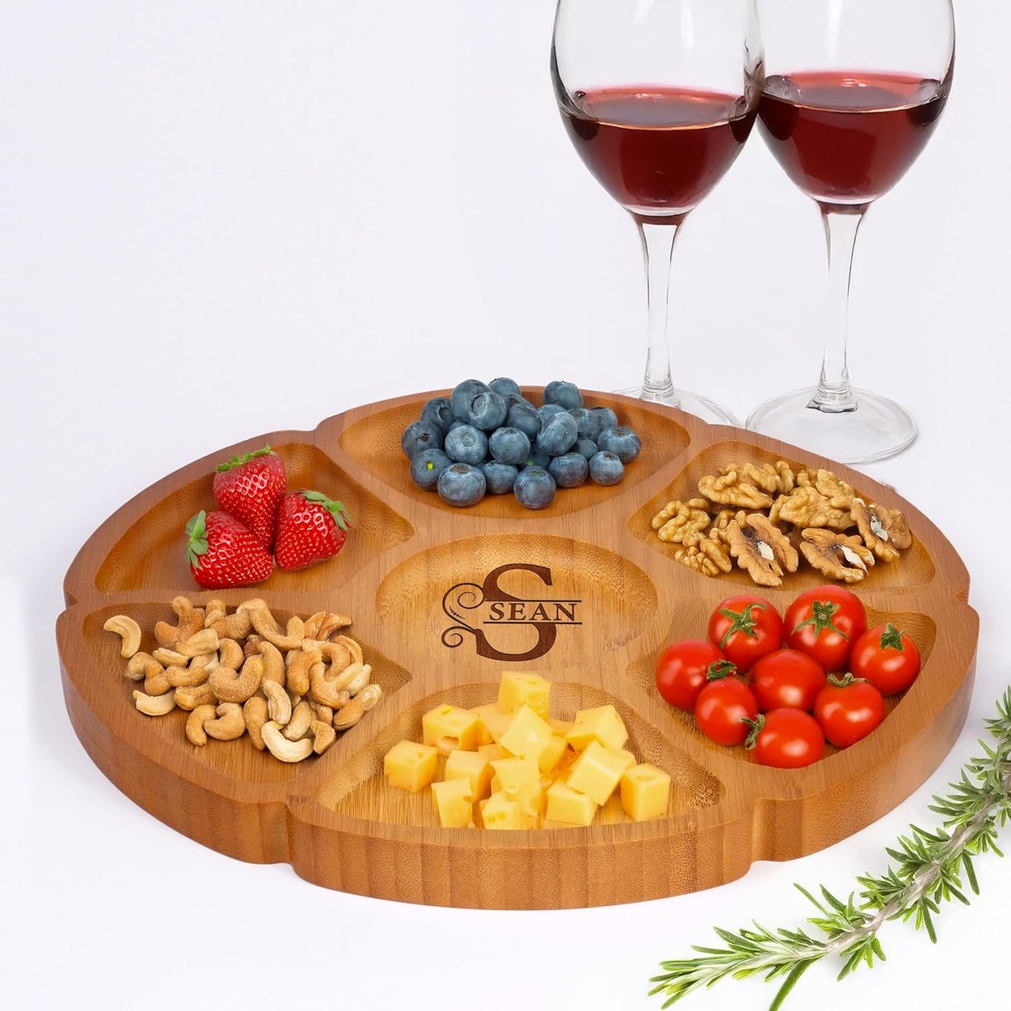 Custom Engraved Bamboo 11" Serving Tray – Personalized 7-Divided Flower Petal Platter, Perfect for Snacks, Appetizers, Charcuterie, Parties, Weddings, Housewarming, and Entertaining Gifts