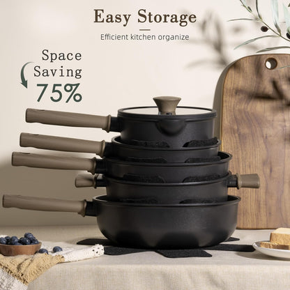 Astercook Non Stick Pots and Pans Set, Healthy Non-Toxic Titanium Induction Kitchen Cookware Sets for Cooking with Frying Pans, PFAS/PTFE/PFOA & PFOS Free, Black, 19 Pcs