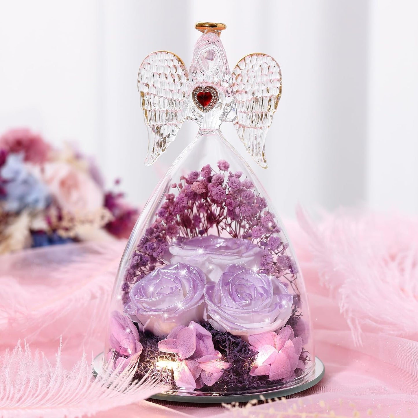 Mothers Day Rose Gifts for Women, Large Angel Figurines with Real Roses, Preserved Real Flower Rose for Her, Gardient Purple