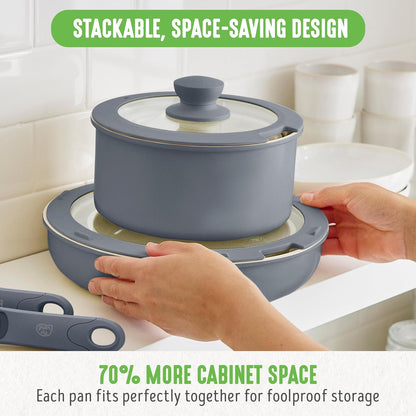 GreenLife 10 Piece Nonstick Pots & Pans Set, Detachable Handle & Stackable Cookware Set, Non Toxic PFAS-Free Skillets, Induction Kitchen Pans, Space Saving, Serving Bowls, Oven Safe, Graphite