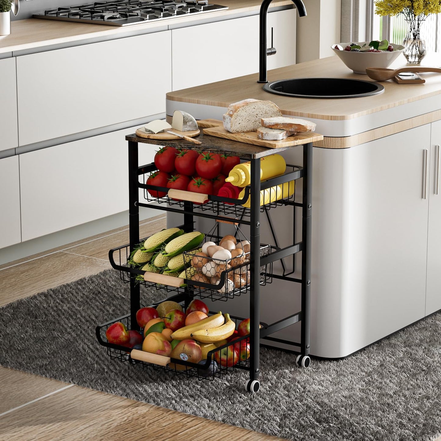 JAQ Fruit Vegetables Carts, 4-tier Slide out Metal Storage Baskets Stand Organizers with Wood Top and Handle on Rolling Wheels for Onions in Kitchen Pantry Fruteros Para Cocina -(Black, 4 Layer)