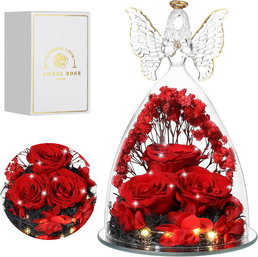 Christmas Rose Gifts for Women Preserved Real Flower in Glass Angel Figurines Roses for Delivery Prime Birthday Gifts for Mom Grandma Girlfriend Wife Her, Crystal Red