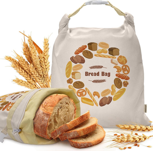 Large Linen Beeswax Bread Bags(2 Pack) Sourdough Bread Bags Reusable Double-Lock Freezer Baking Container Gift Giving for Homemade,Loaf,Sourdough,Food Storage (Colorful Patterns)