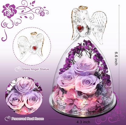 Mothers Day Rose Gifts for Women, Large Angel Figurines with Real Roses, Preserved Real Flower Rose for Her, PinkPurPur