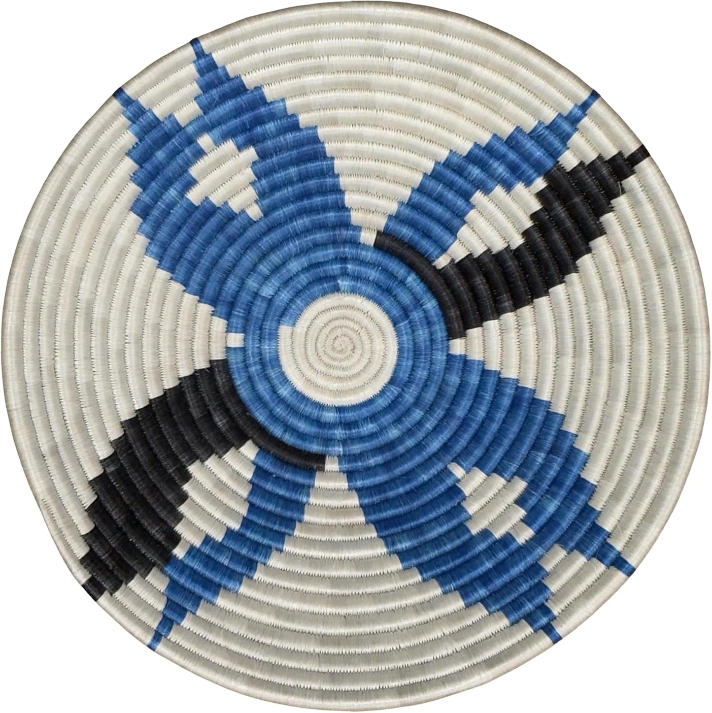 Handwoven African Basket Handmade sisal Fruit Bowl Wall Hanging decorative Baskets for Home Living Room Kitchen Centerpiece Zen Designs Arts and Crafts (Natural Blue Black, 12in diameter)