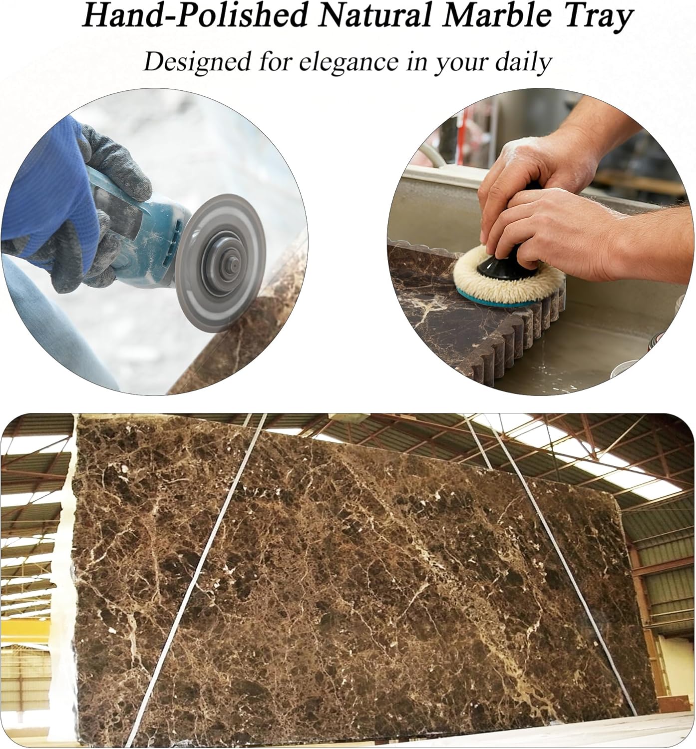 Natural Marble Tray for Bathroom, Real Stone Decorative Vanity Tray with Fluted Edge, Large Marble Serving Storage Tray for Kitchen Counter, Dresser, Home Decor, 11.8" x 8", Dark Brown