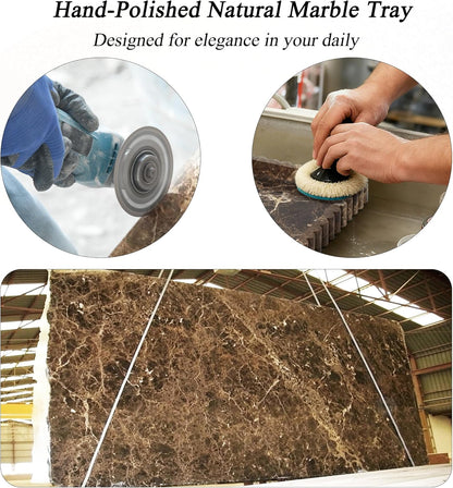 Natural Marble Tray for Bathroom, Real Stone Decorative Vanity Tray with Fluted Edge, Large Marble Serving Storage Tray for Kitchen Counter, Dresser, Home Decor, 11.8" x 8", Dark Brown