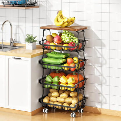 5 Tier Vegetable Fruit Basket for Kitchen, Stackable Metal Fruit and Vegetable Storage Baskets with Rolling Wheels Cart, Pantry organizers and storage for Kitchen Bathroom Livingroom Laundry room Cart