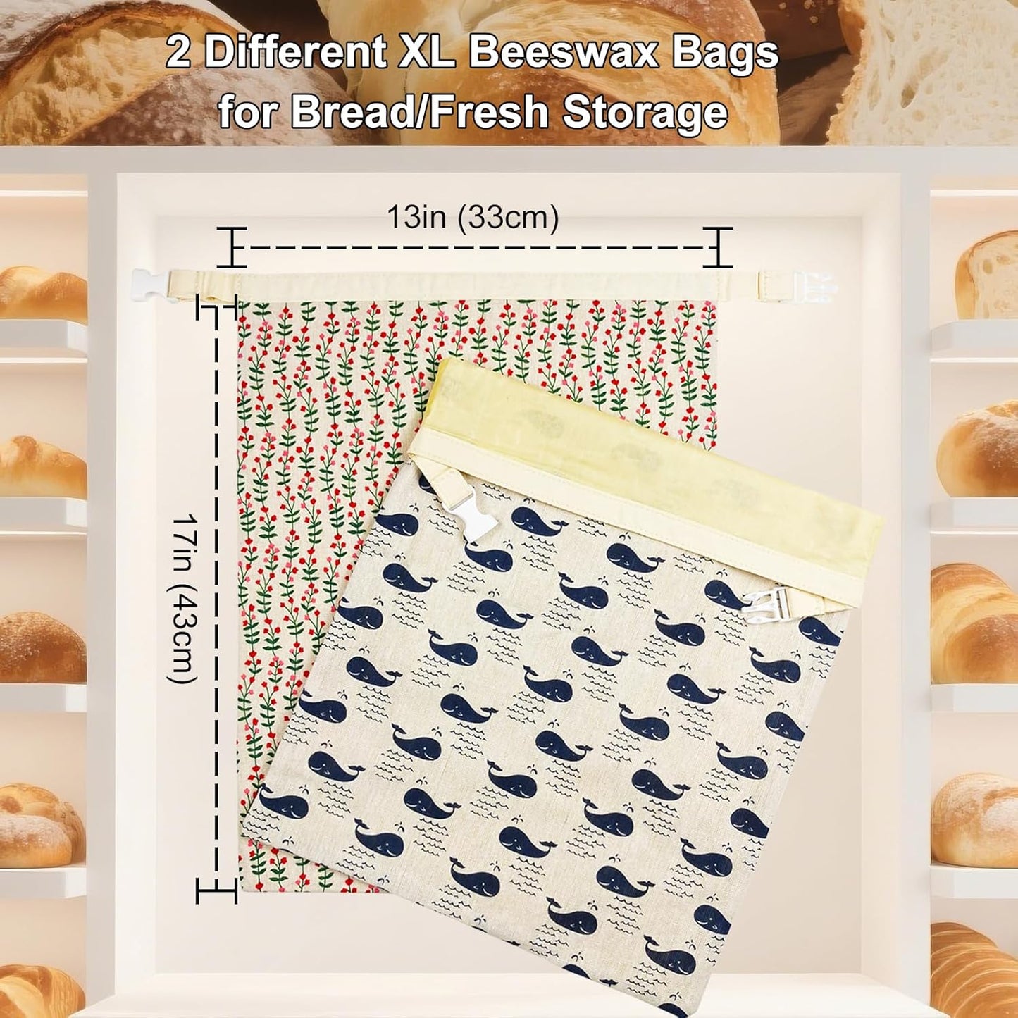 Reusable Beeswax Bread Bags for Homemade Sourdough: XL 13x17in (2 Pack) Eco-Friendly Plastic-free Food Storage | Moisture Lock Technology, Sustainable Fresh Food Preservation Solution