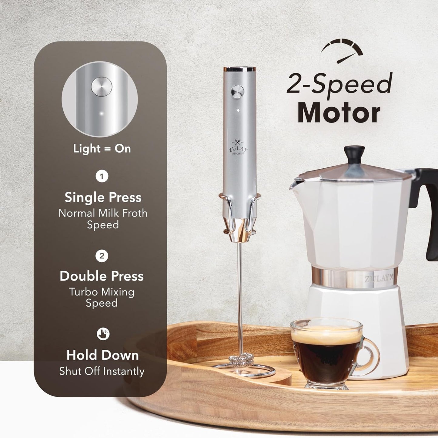 Zulay Kitchen Lux Rechargeable Milk Frother Handheld, 4 Included Whisks - Powerful 2-Speed Motor, Fully Waterproof, 2000mAh Battery - Drink Mixer For Latte, Cappuccino, Matcha, Protein Powder