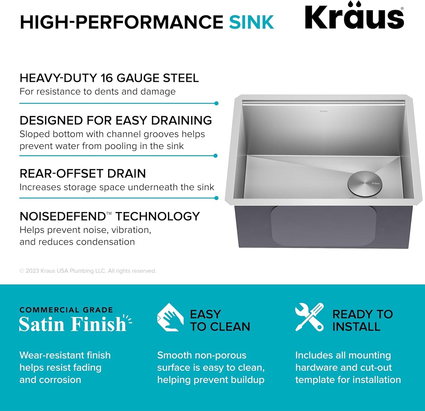 KRAUS Kore 23-Inch Undermount Workstation 16 Gauge Single Bowl Stainless Steel Kitchen Sink with Accessories, KWU111-23