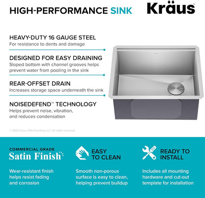 KRAUS Kore 23-Inch Undermount Workstation 16 Gauge Single Bowl Stainless Steel Kitchen Sink with Accessories, KWU111-23