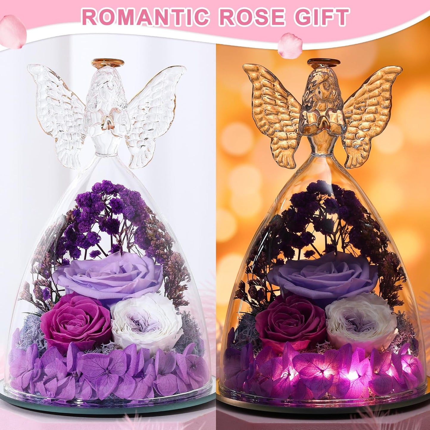 Christmas Rose Gifts for Women Preserved Real Flower in Glass Angel Figurines Roses for Delivery Prime Birthday Gifts for Mom Grandma Girlfriend Wife Her, Light Purple Austin Roses