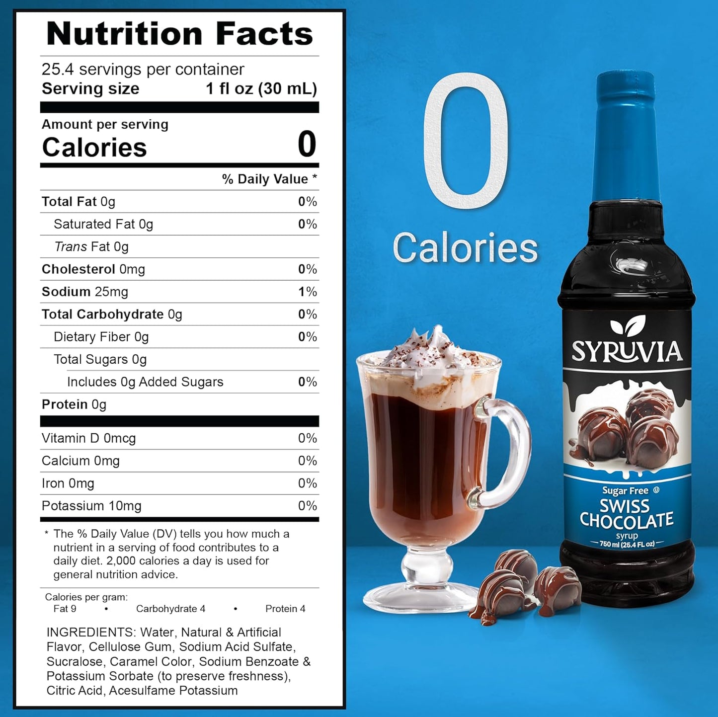 Syruvia Sugar Free Coffee Syrup, Swiss Chocolate Flavored Syrup for Drinks, Lattes, and Desserts – 25.4 fl oz