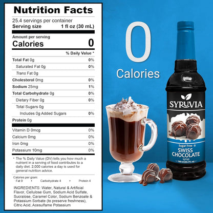 Syruvia Sugar Free Coffee Syrup, Swiss Chocolate Flavored Syrup for Drinks, Lattes, and Desserts – 25.4 fl oz