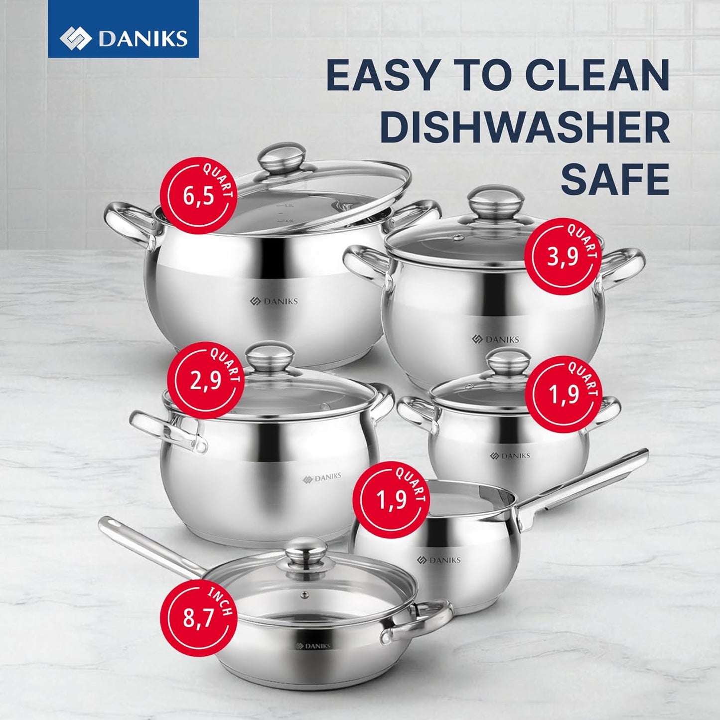 Daniks Classic 11-Piece Stainless Steel Cookware Set with Glass Lids, Includes Saucepan and Frying Pan with Lid, Tri-Ply Bases for Even Heating, Induction Compatible, Dishwasher Safe