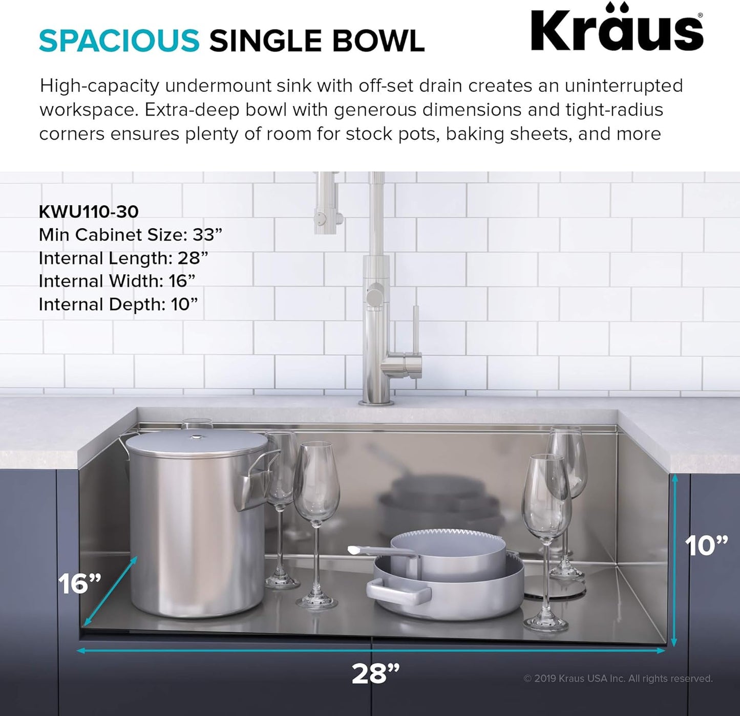 KRAUS Kore Workstation 30-inch Undermount 16 Gauge Stainless Kitchen Sink, Single Bowl Kitchen Sink with 1 HP Garbage Disposal,KWU110-30-100-100MB