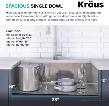 KRAUS Kore Workstation 30-inch Undermount 16 Gauge Stainless Kitchen Sink, Single Bowl Kitchen Sink with 1 HP Garbage Disposal,KWU110-30-100-100MB
