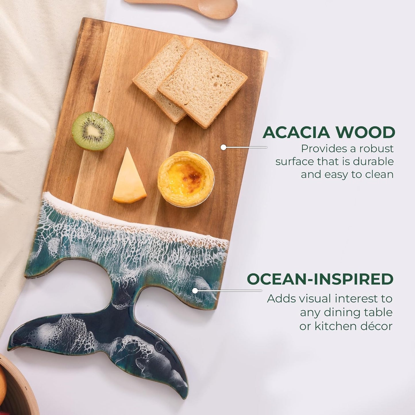 Whale Tail Ocean Serving Board with Resin Art, Large 18.1” x 9.8”, Perfect for Cheese, Charcuterie, Prep & Display – Includes Stand & Loofah, A Coastal Gift for Celebrations & Holidays